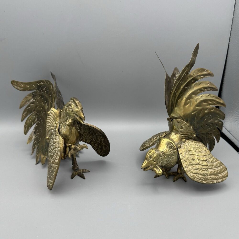 Vtg Pair Brass Fighting Roosters Figurines Made in HK Home Accents Asian Decor